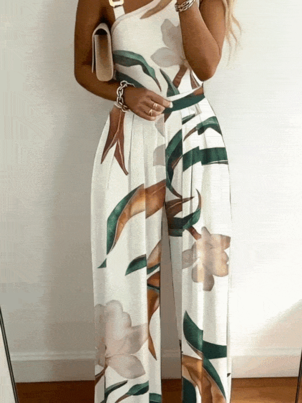 Stylish women's floral wide-leg jumpsuit, comfortable and vibrant for summer fashion and elegant events.