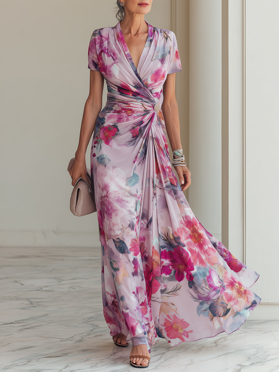 Elegant women's floral wrap maxi dress with V-neck, ruched waist. Perfect for wedding guests or special occasions.