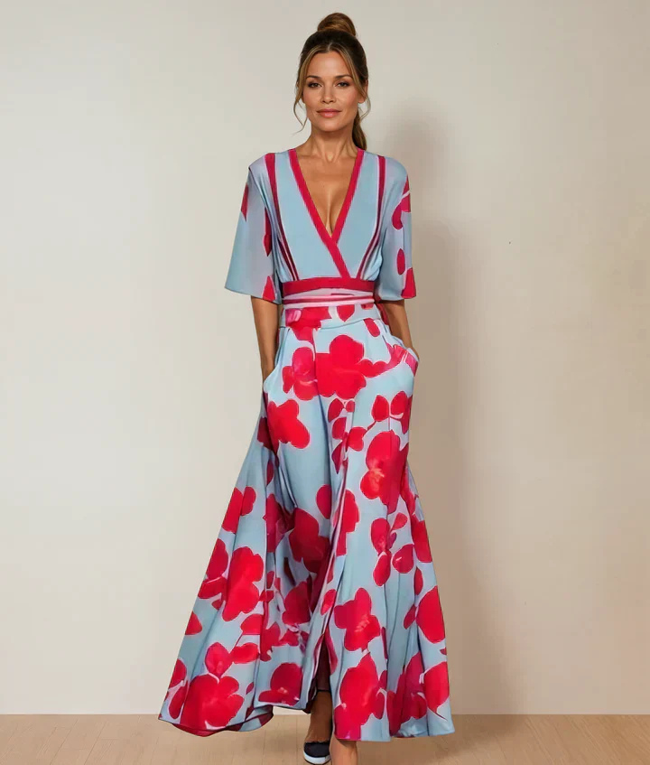 Elegant women's floral wrap maxi dress with V-neck, perfect for summer parties or wedding guests.