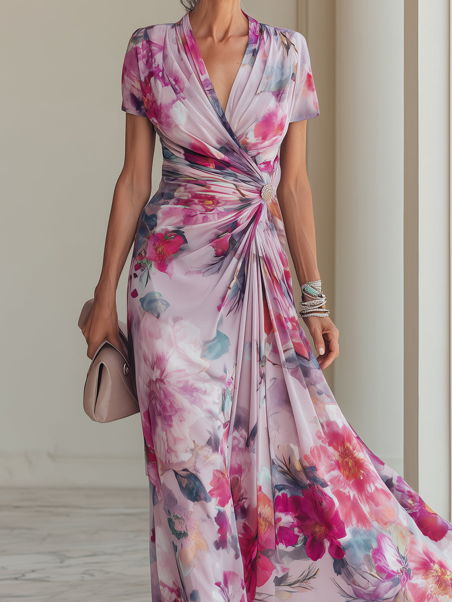 Magenta floral wrap V-neck maxi dress for women, featuring a stylish ruched waist. Ideal for formal evening wear.