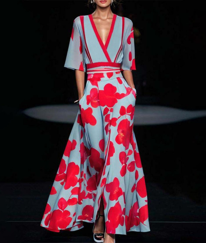 Stylish floral wrap maxi dress for women, ideal as a wedding guest outfit or elegant summer party dress.