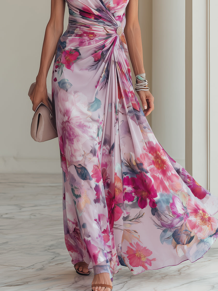 Women's short sleeve floral wrap maxi dress. Features a flattering V-neckline and elegant ruched waist design.