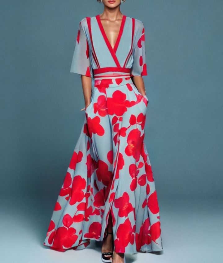 Flowy V-neck floral wrap maxi dress for women, elegant and comfortable, perfect for special occasions.