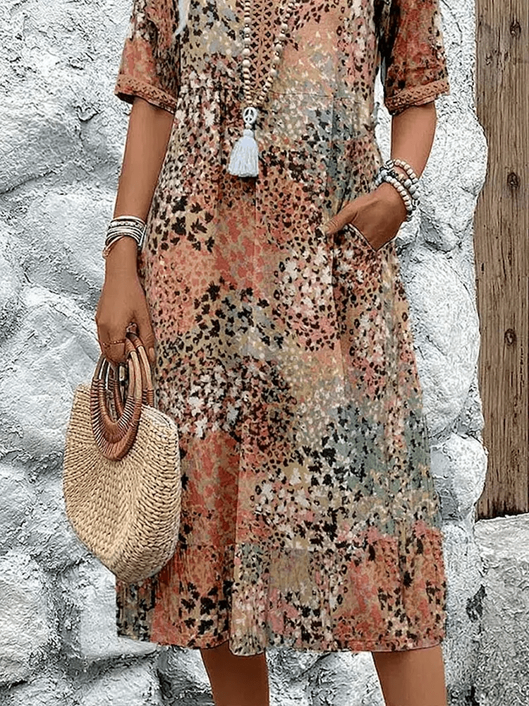 Bohemian women's flowing maxi summer dress, 'Ocean Breeze' print, elegant for resort wear or day.