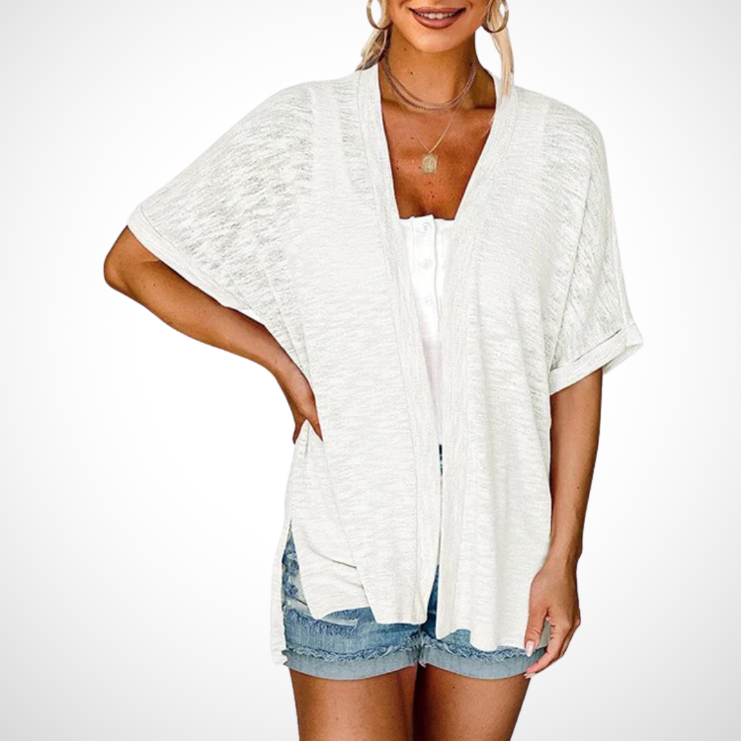 Versatile black flowing open front short sleeve cardigan for women, ideal as a lightweight summer top or casual layer.