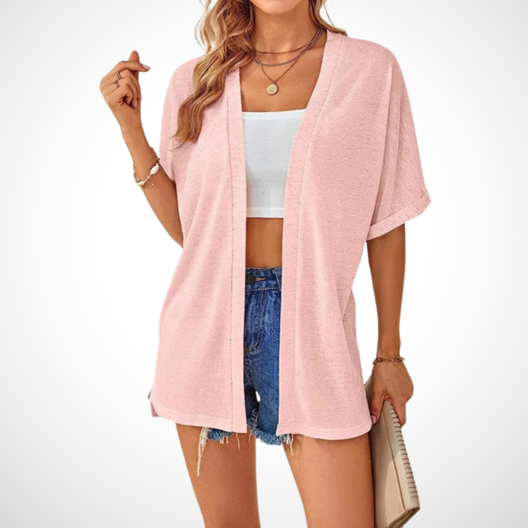 Apricot flowing open front short sleeve cardigan, excellent for women's layered looks & casual summer wear. Lightweight top.