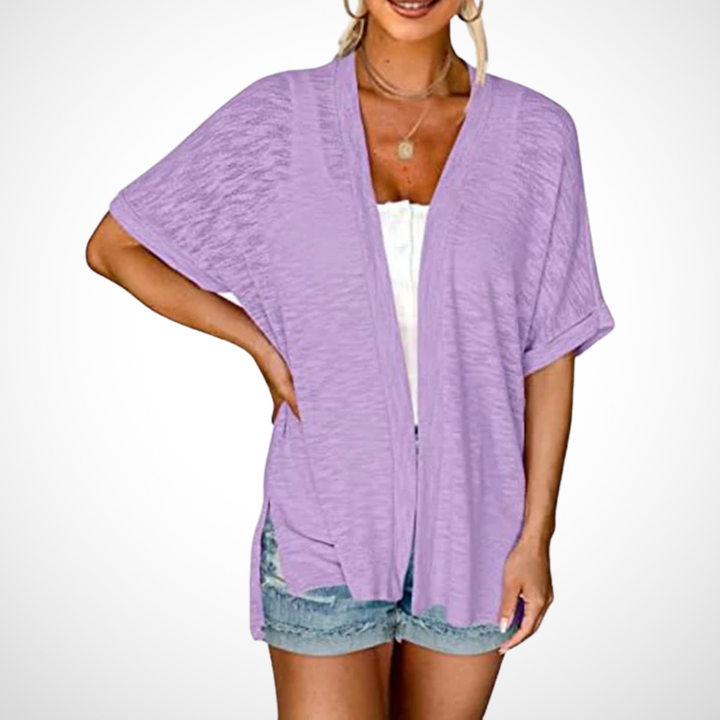 Women's versatile flowing open front short sleeve cardigan in white, black or apricot, a perfect lightweight summer top.