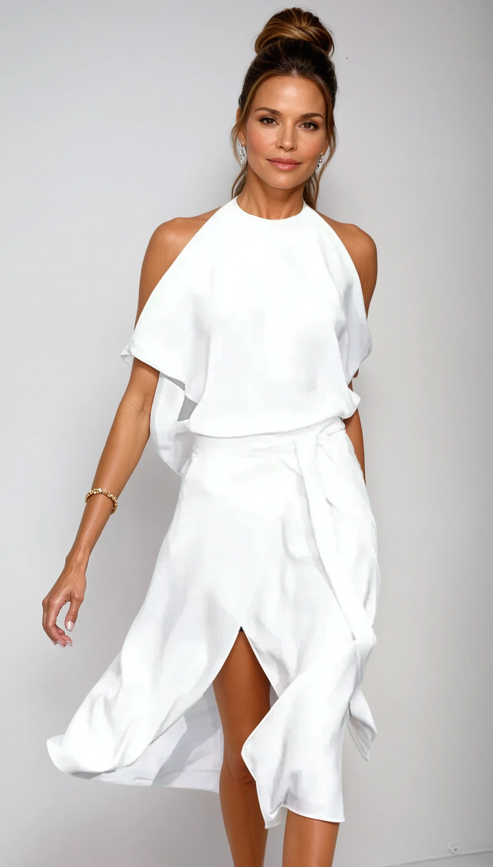 Elegant women's flowy A-line halter dress with a stylish slit, perfect for evening parties & special occasions.