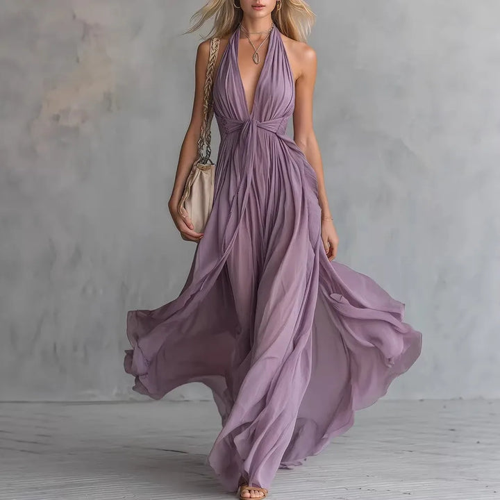 Elegant women's flowy halter maxi evening dress, perfect for formal events & special occasions.