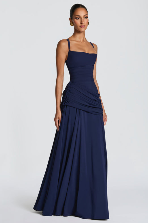 Elegant women's flowy maxi dress, perfect for evening occasions & summer events. Long, modest, & comfortable.