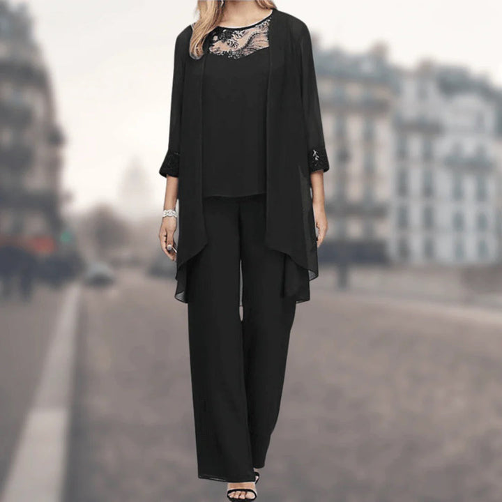 Versatile women's flowy 3-piece set: elegant top, wide-leg pants & jacket with lace trim. Dressy or casual.
