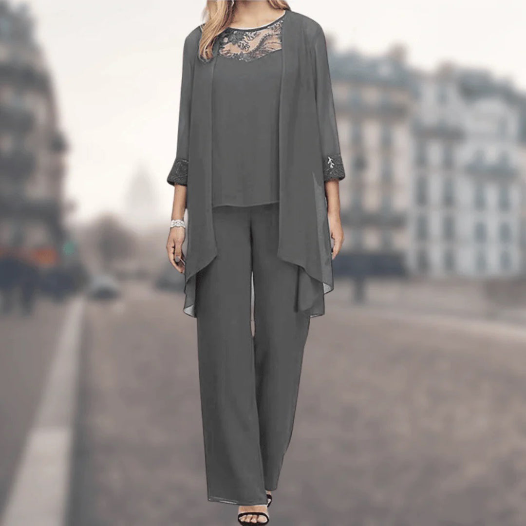 Comfortable & elegant women's flowy three-piece outfit. Chic spring/summer set with delicate lace accents.