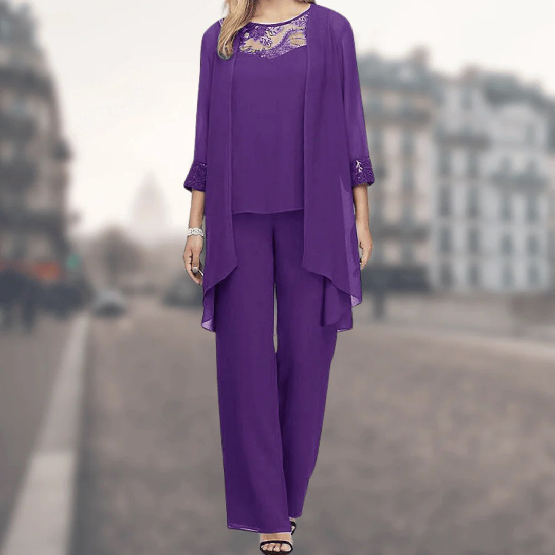 Alison women's elegant flowy three-piece set with delicate lace. Comfortable wide-leg pants for versatile wear.