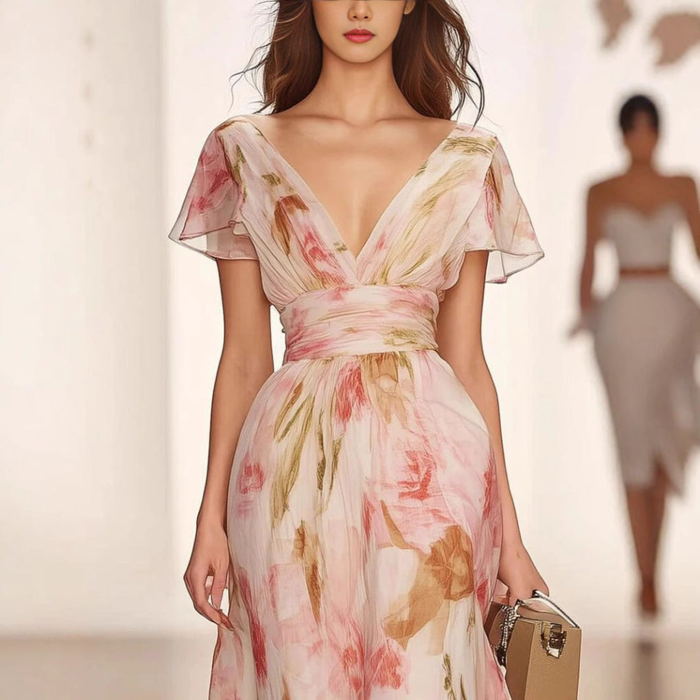 Chic women's A-line flutter sleeve maxi dress, ideal for warm weather summer elegance and comfort.