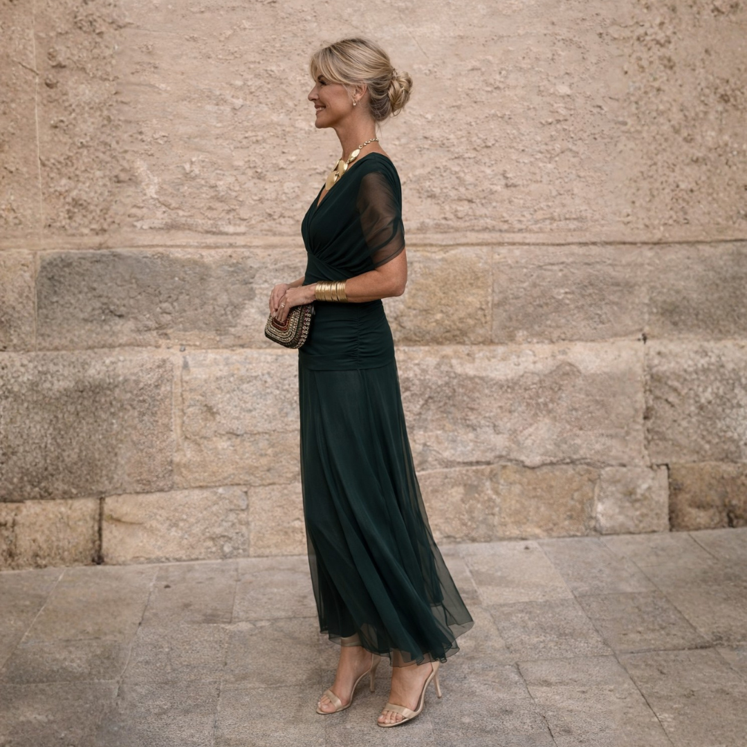 Flattering gathered V-neck midi dress with stylish flutter sleeves for women's special events.