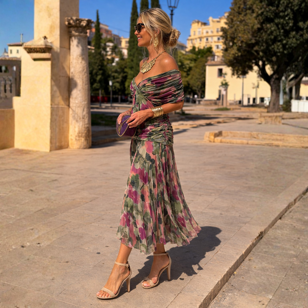 Wedding guest midi dress for women, with a V-neck, gathered design, and pretty flutter sleeves.