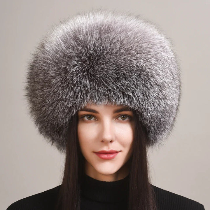 Elegant women's genuine fox fur winter hat, a luxurious and warm cold weather fashion accessory