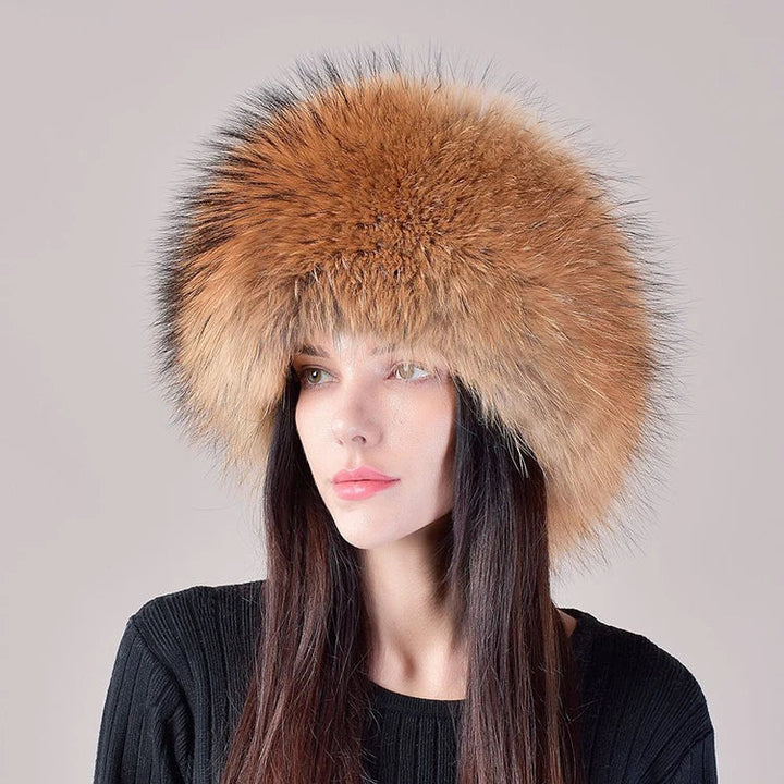 Stylish woman wearing a genuine fox fur winter hat, perfect for elegant cold weather fashion