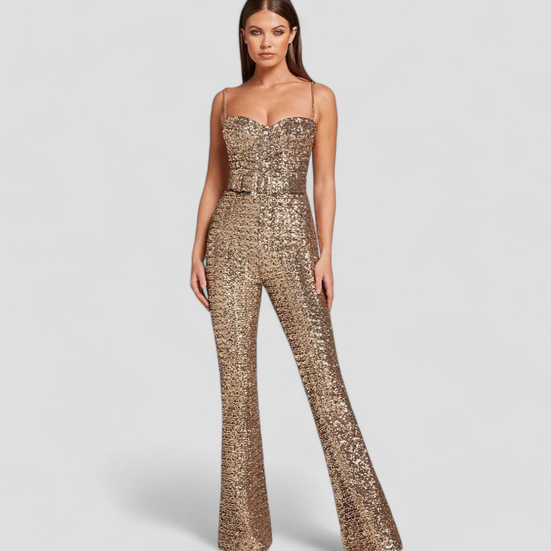 Elegant women's gold sequin jumpsuit, shimmering for evening parties & special occasions. Flared legs.