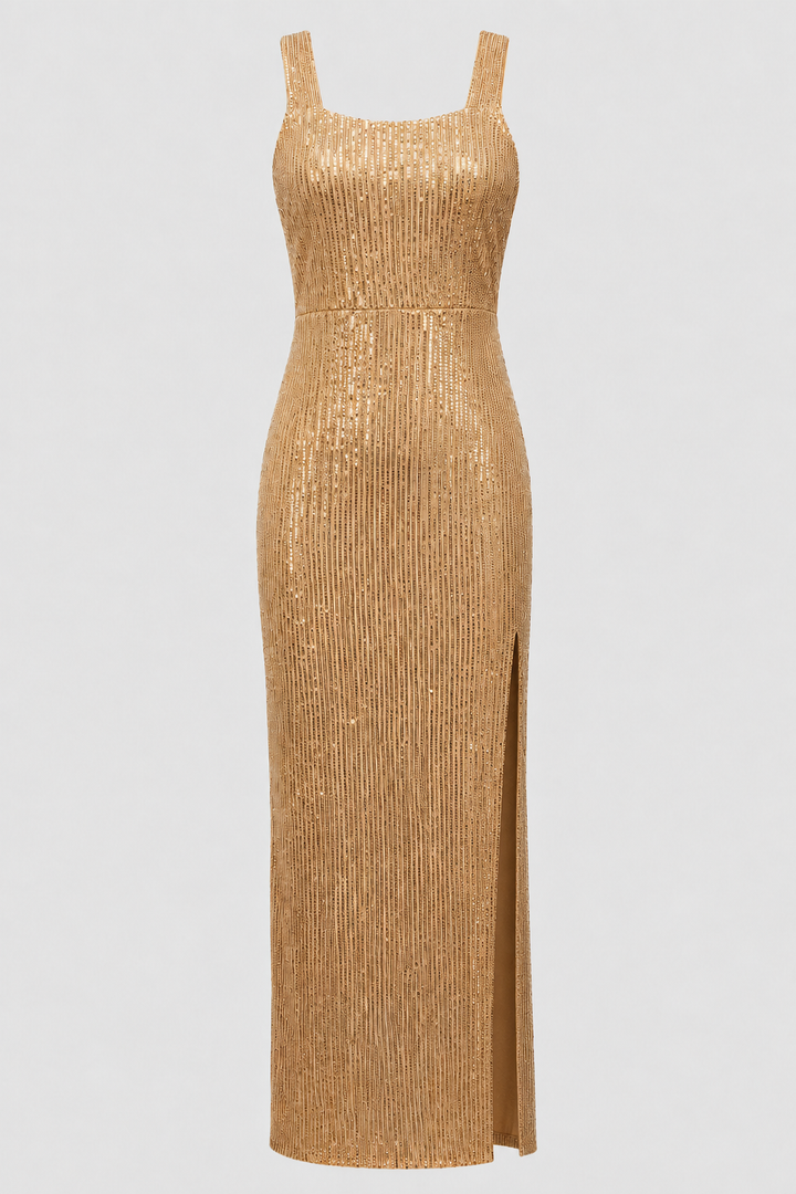 Elegant women's gold sleeveless maxi dress with a stylish vertical pattern, perfect for evening wear or casual chic.