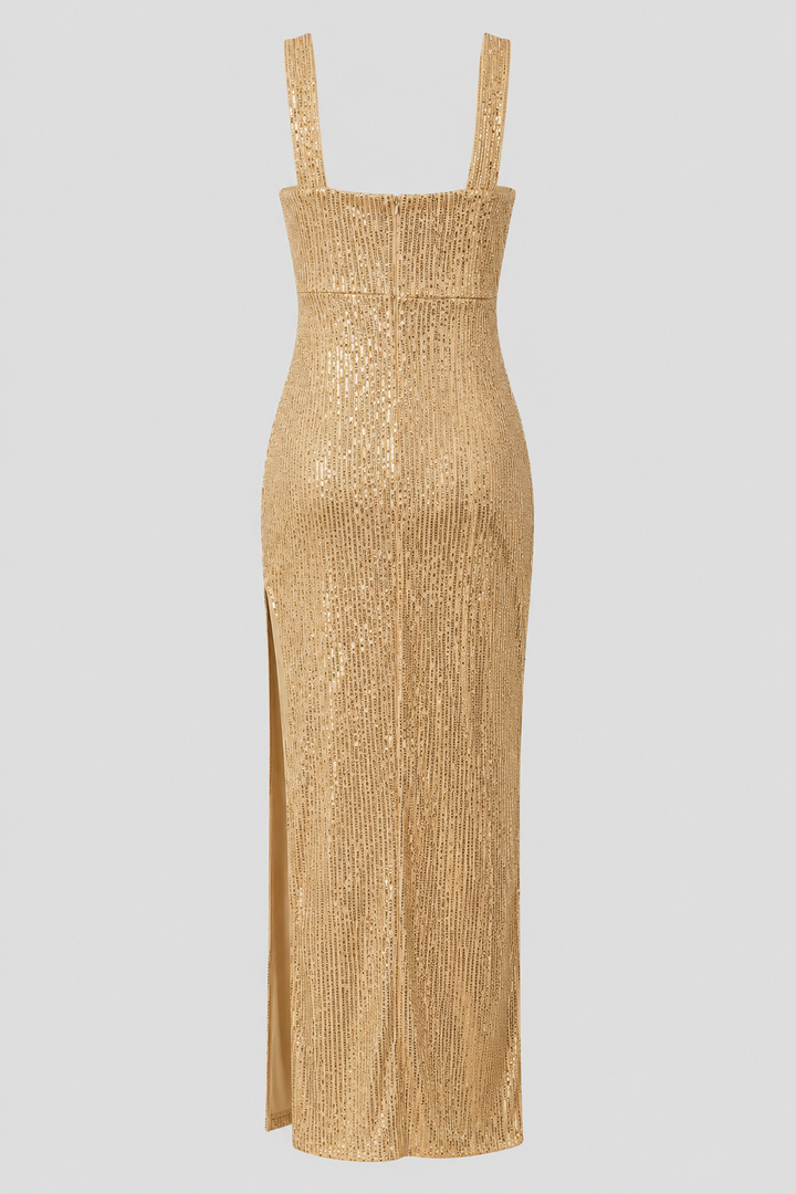 Women's sleeveless maxi dress in gold, featuring a sophisticated square neck and elegant vertical pattern design.