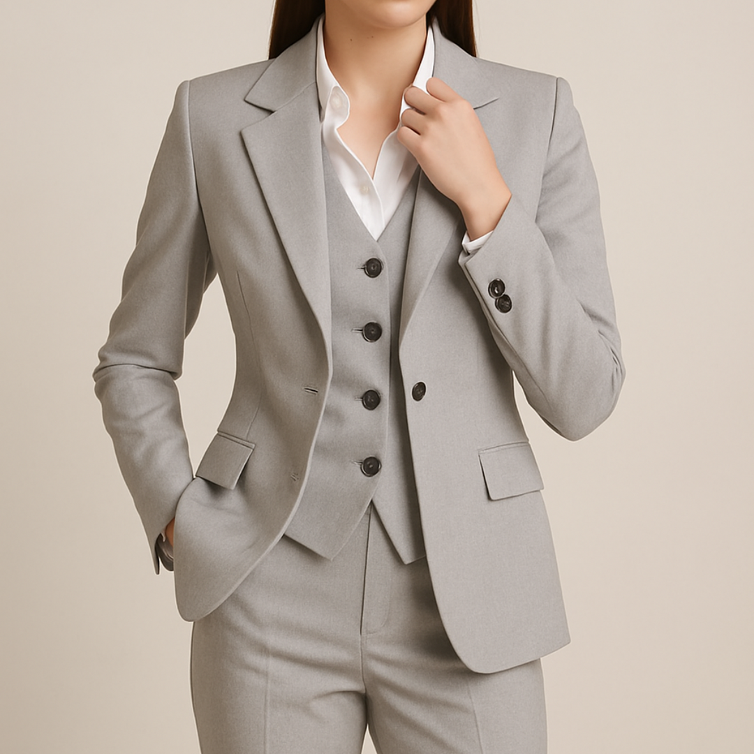 Elegant women's gray 3-piece tailored suit set for professional office wear, business meetings, and formal events.