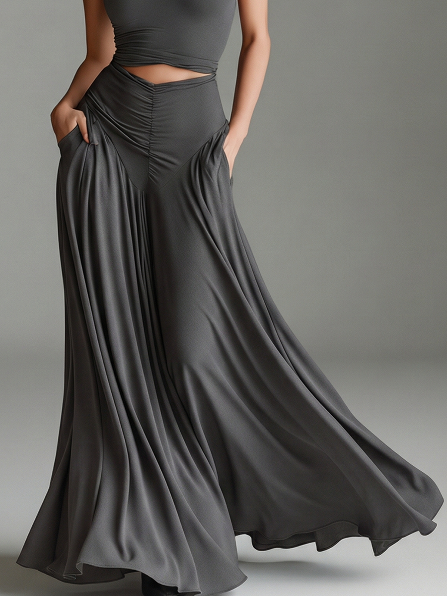 Women's elegant gray maxi dress, featuring a chic turtleneck, halter neck & flattering ruching.