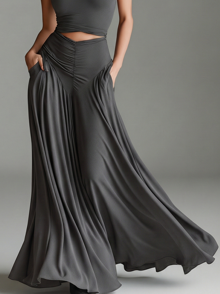 Women's elegant gray maxi dress, featuring a chic turtleneck, halter neck & flattering ruching.
