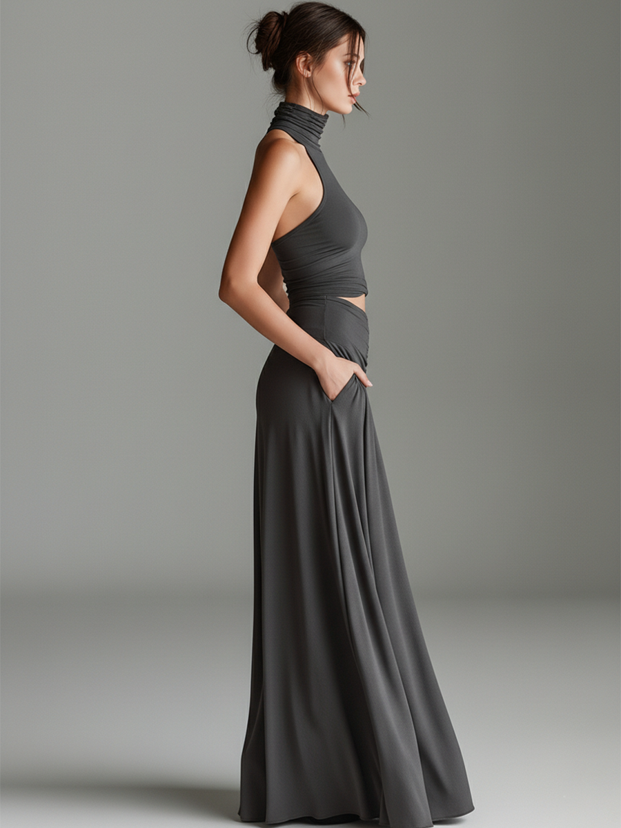 Fashionable gray turtleneck halter cutout maxi dress for women, suitable for formal or party wear.