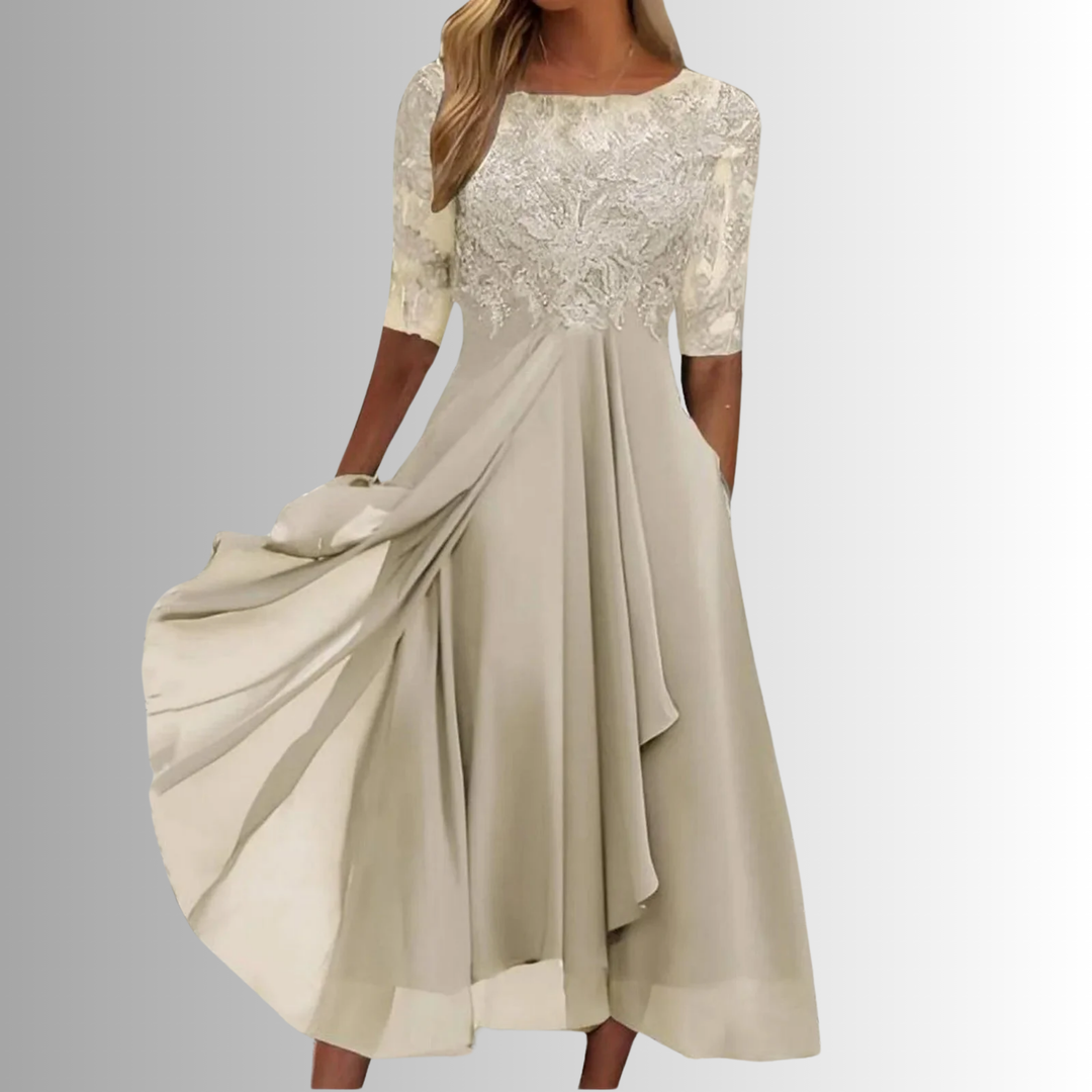 Sophisticated women's half sleeve midi dress, ideal occasion wear. Elegant A-line cut with a graceful layered skirt.