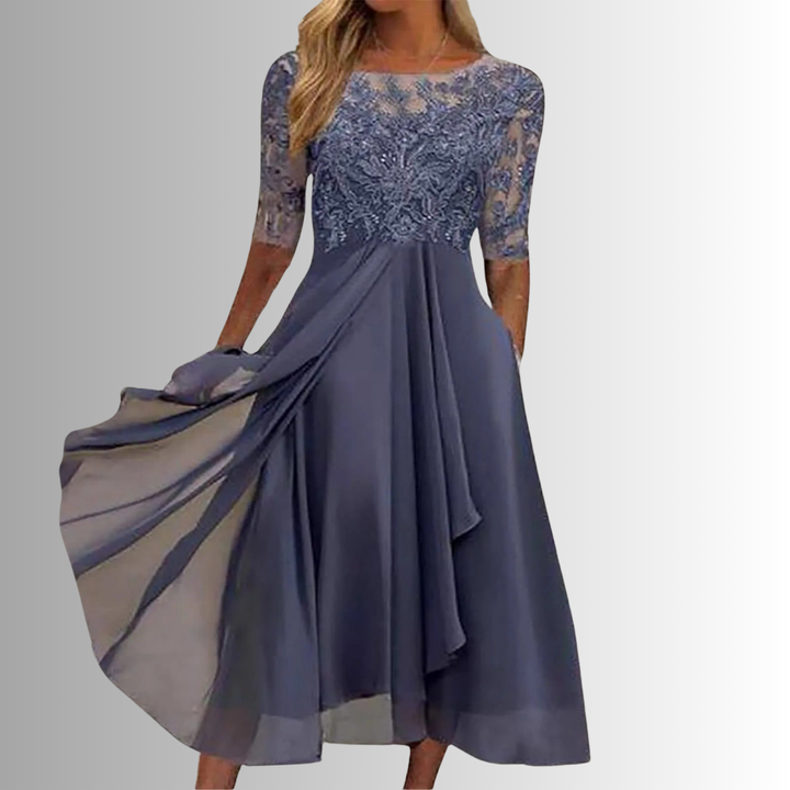 Elegant women's half sleeve A-line midi dress with a round neck, layered skirt. Perfect for formal events & parties.