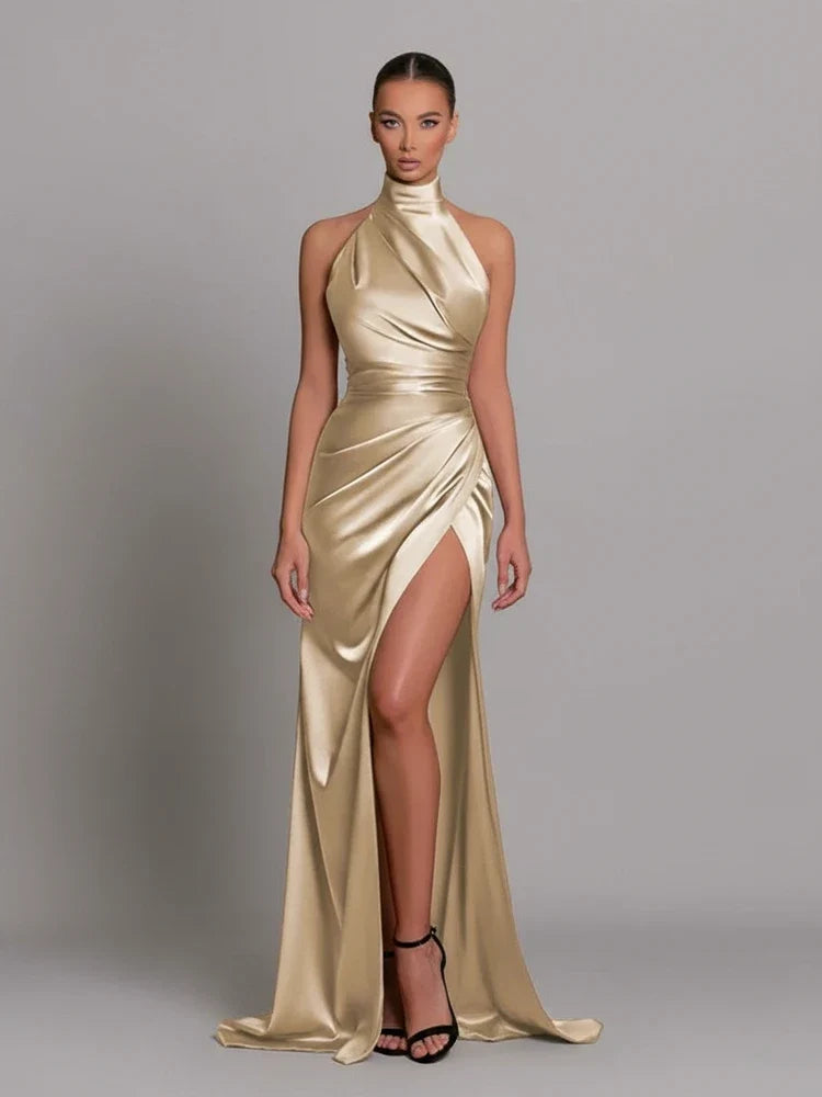 Stylish women's halter bodycon maxi dress, a sophisticated long gown offering a flattering fit for fashion.
