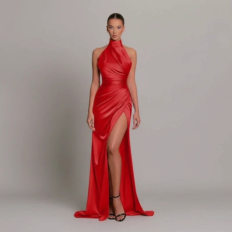 Stunning women's halter bodycon maxi dress with a slit, an elegant long gown perfect for evening wear & parties.