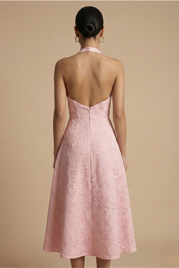 Flattering A-line skirt and midi length on an elegant women's formal dress for special occasions.