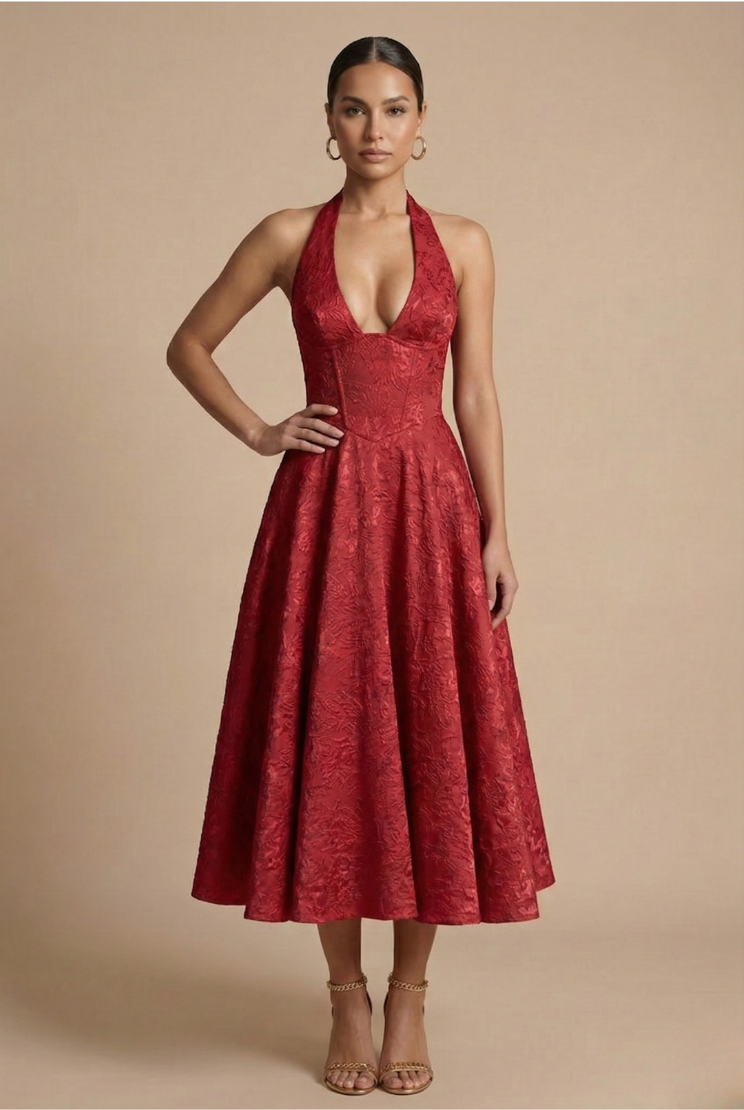 Fashionable women's elegant midi dress with a halter neck and corset bodice, ideal for cocktails.