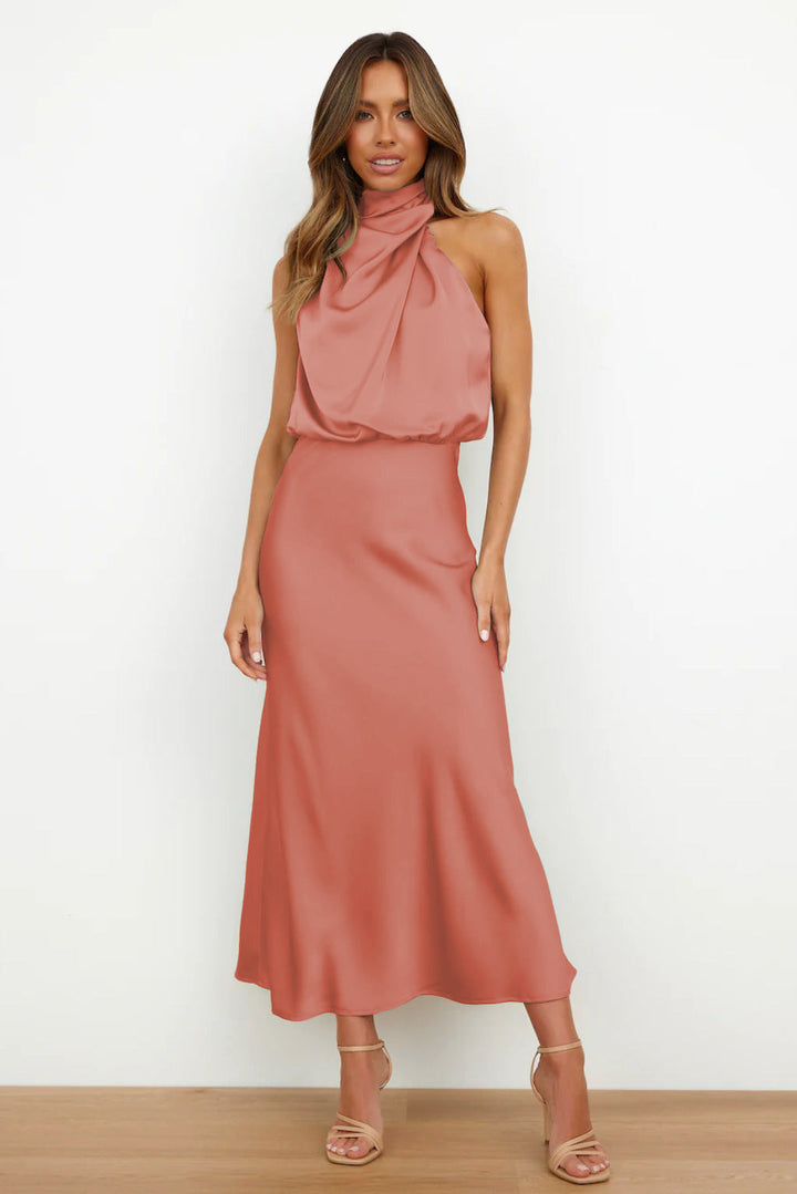 Elegant halter bridesmaid dress, floor-length evening gown with a sophisticated open back for weddings.