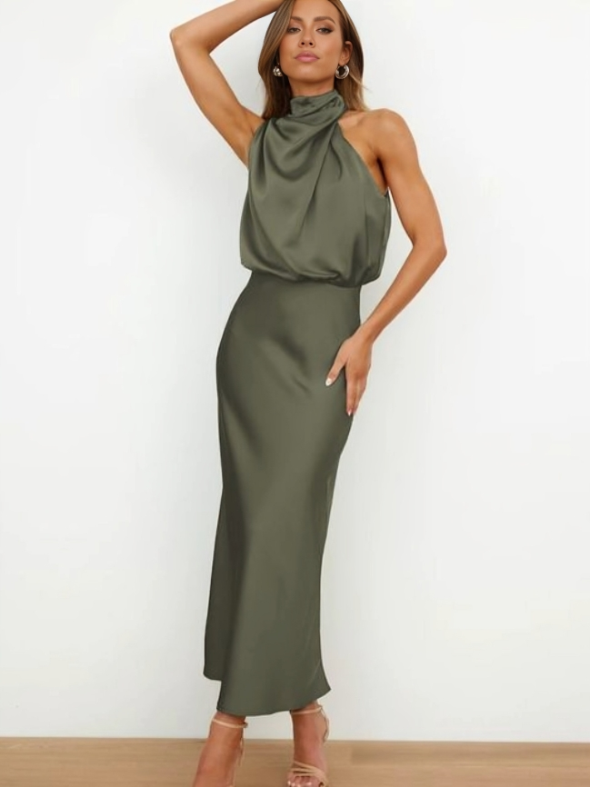 Chic black women's halter evening gown, floor-length with an elegant open back, perfect for formal wear.