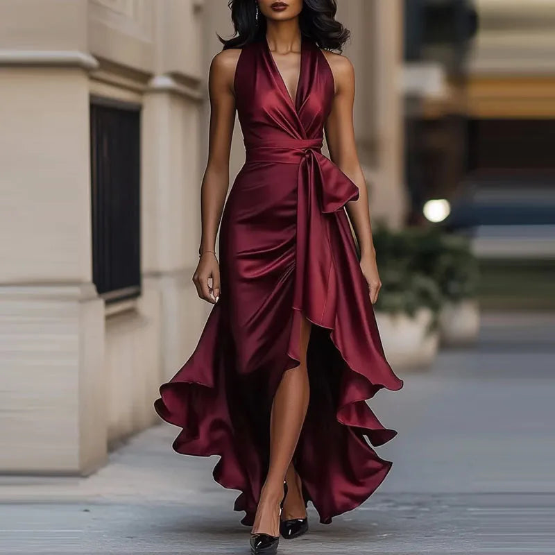 Graceful women's elegant halter maxi dress. Versatile formal attire for special occasions, parties, and evening events.