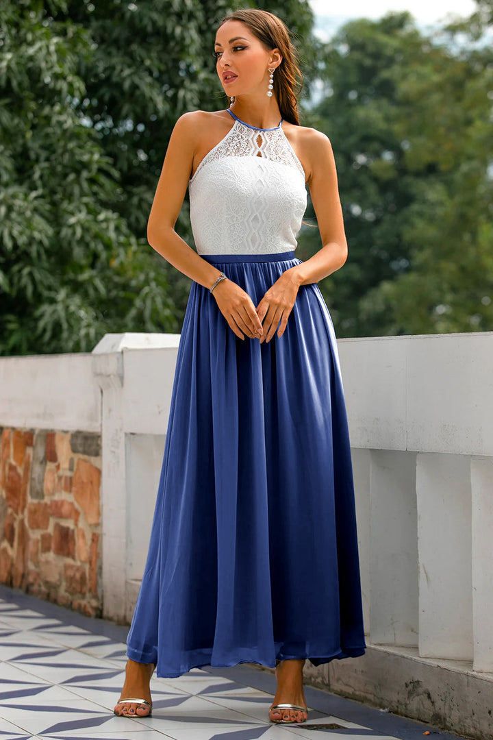 Full-length view of an elegant halter neck maxi dress, an ideal choice for wedding guests