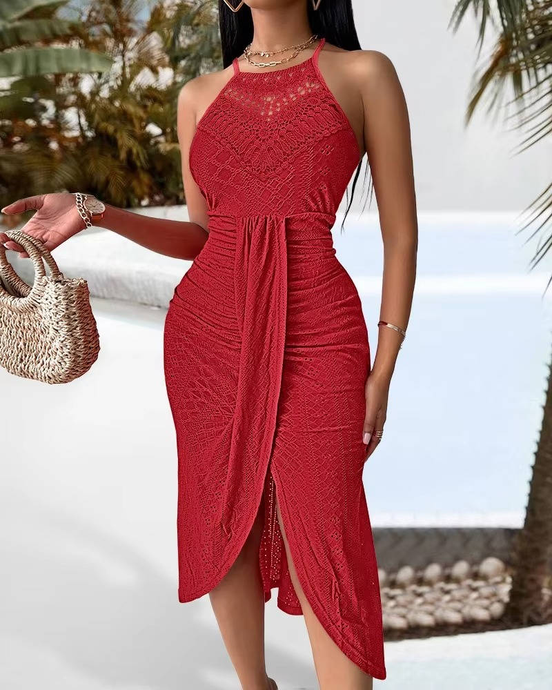 Versatile elegant halter neck A-line maxi dress with a flattering slit, suitable for many chic occasions.