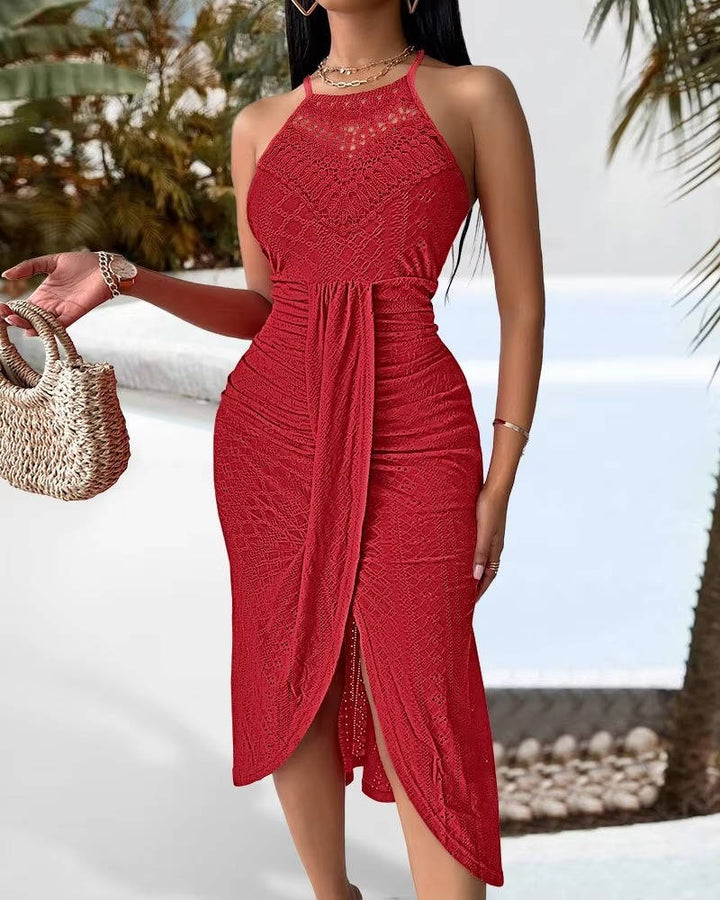 Versatile elegant halter neck A-line maxi dress with a flattering slit, suitable for many chic occasions.