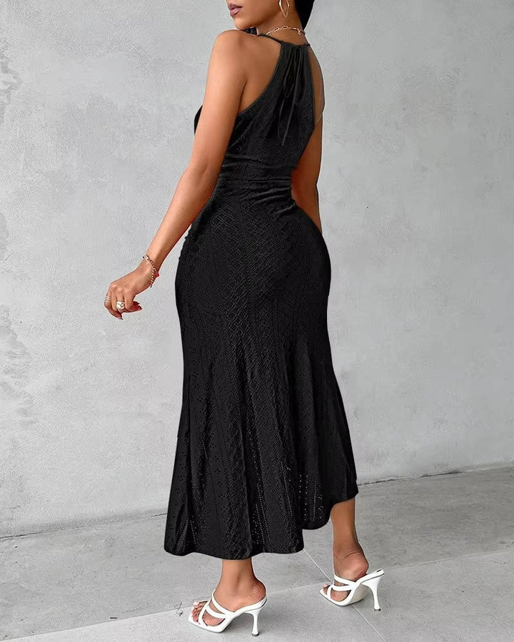 Beautiful elegant halter neck maxi dress with a leg slit, an evening gown for women, perfect for special nights.