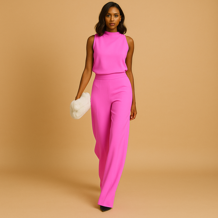 Pink elegant women's halter neck wide-leg jumpsuit, perfect for evening wear & formal occasions. Women's fashion.