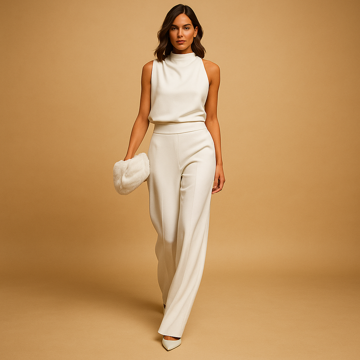 Women's formal halter neck wide-leg jumpsuit. Elegant design for parties, evening wear & special occasions.