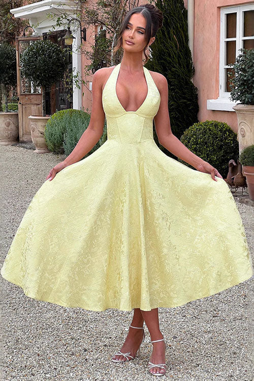 Yellow Halterneck Maxi Dress, a vibrant A-line party gown for prom & formal events.