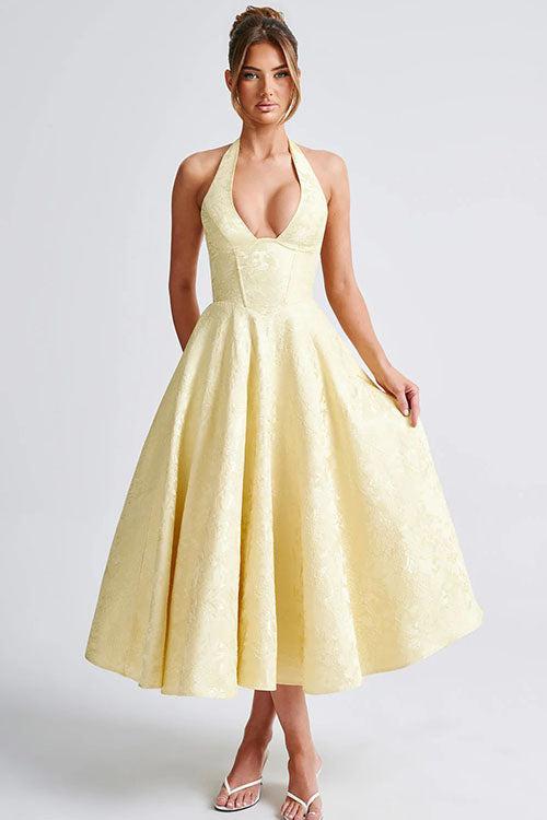 Women's Pink Halterneck A-line Maxi Dress, great for special occasion parties.