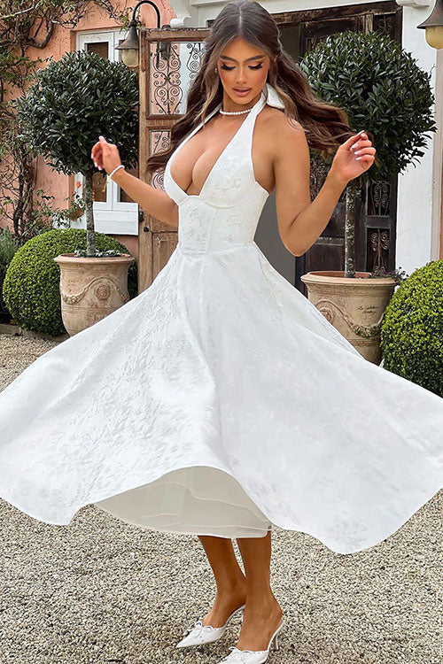 White Halterneck Formal Maxi Gown, an elegant choice for homecoming & evening.