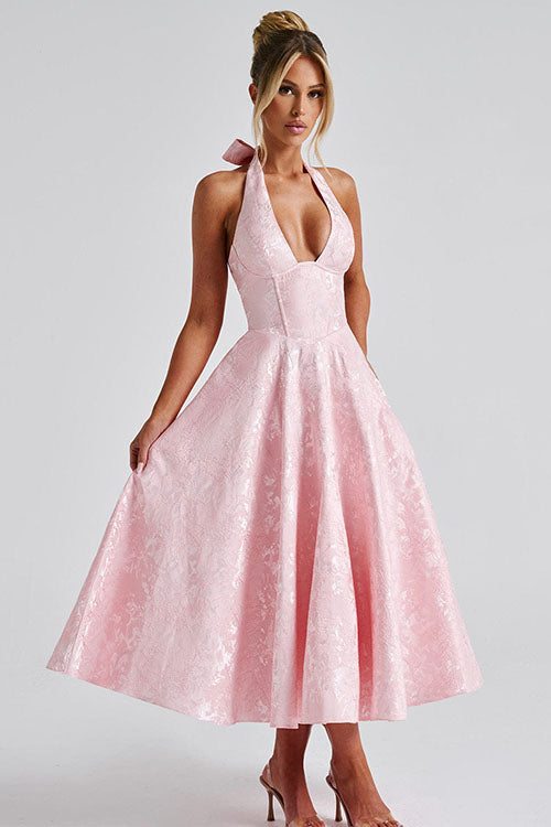 Pink Halterneck Maxi Dress, stunning A-line formal gown for prom & parties.