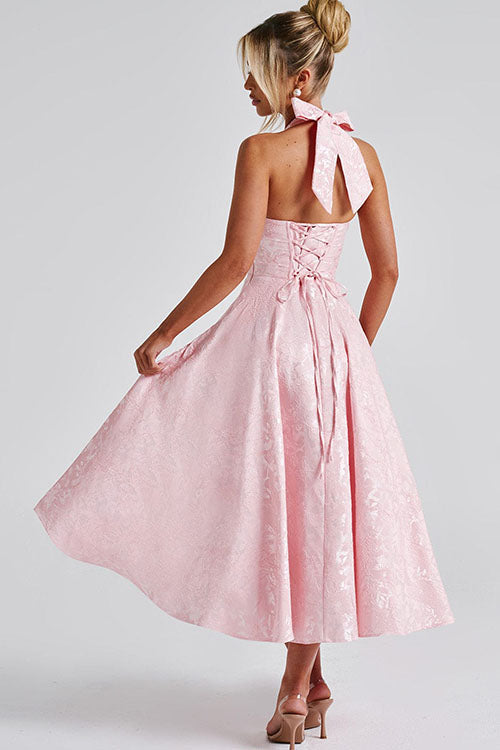 Pink Halterneck A-line Maxi Dress, ideal for prom, homecoming & formal parties.