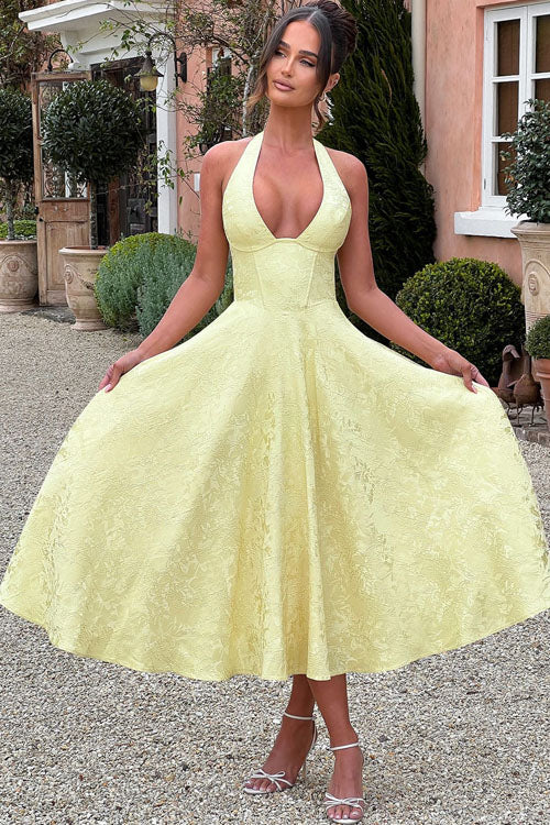 Yellow Halterneck Maxi Dress, chic formal party gown for prom & special occasions.